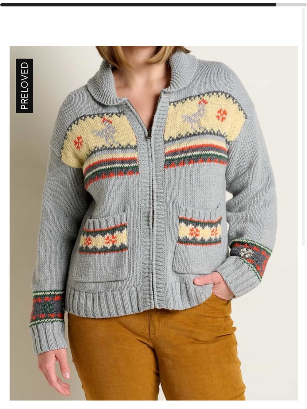Toad&Co chicken sweater! Light Gray Fair Isle Zip Cardigan with Yellow Accents!